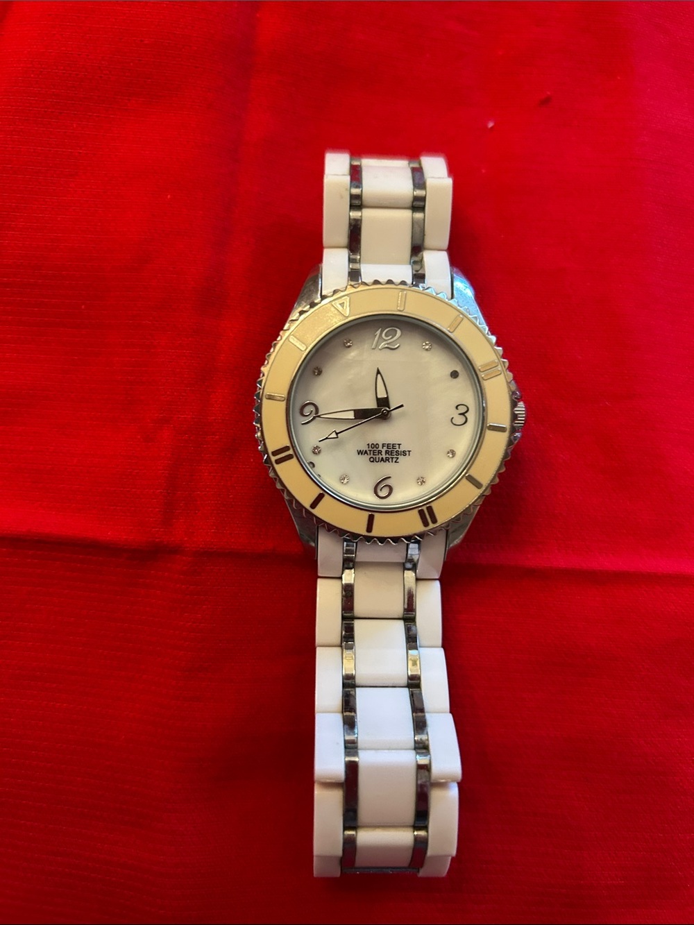 White Ceramic Link Watch with Gold-Tone Bezel